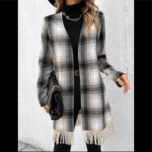 plaid overcoat with fringe hem large